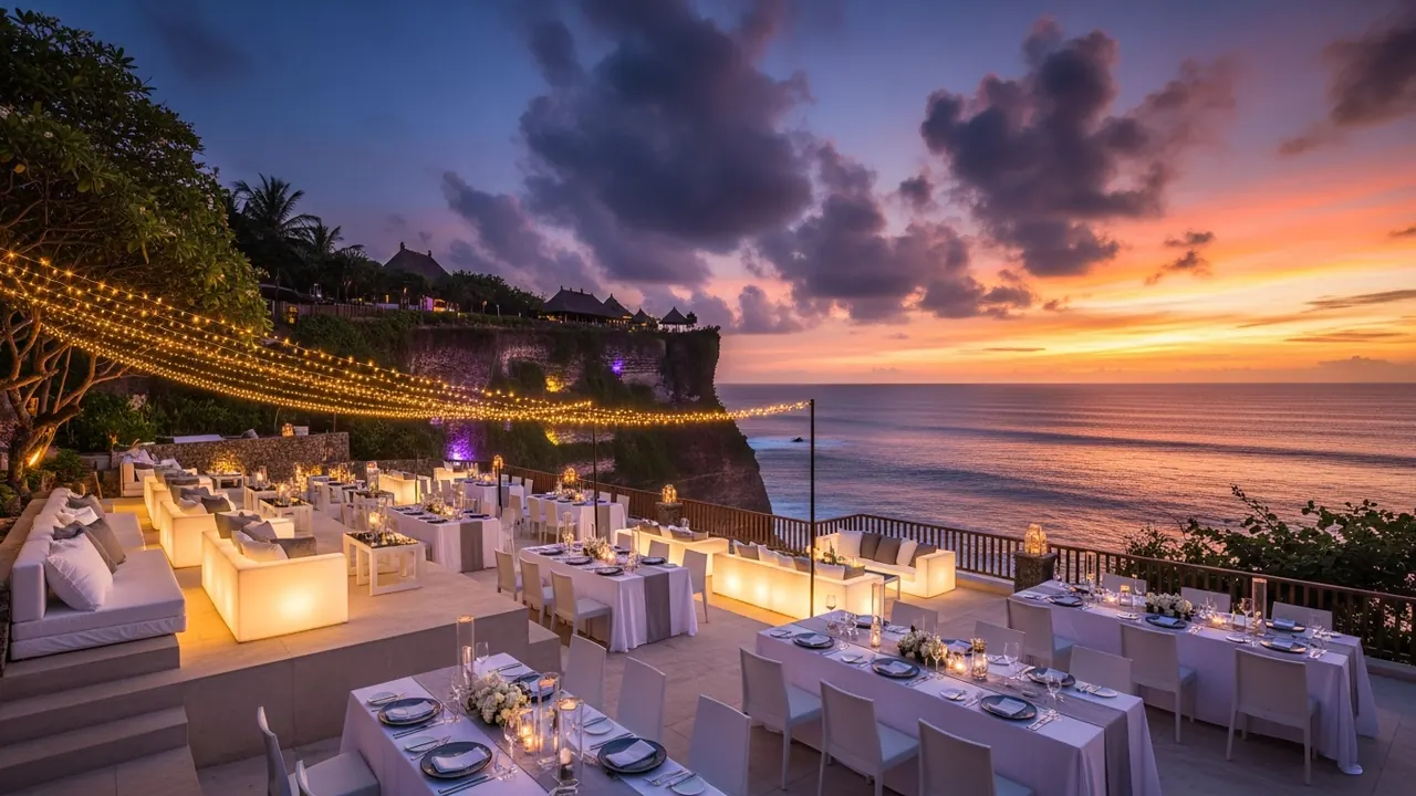 Bali cliffside themed event sunset