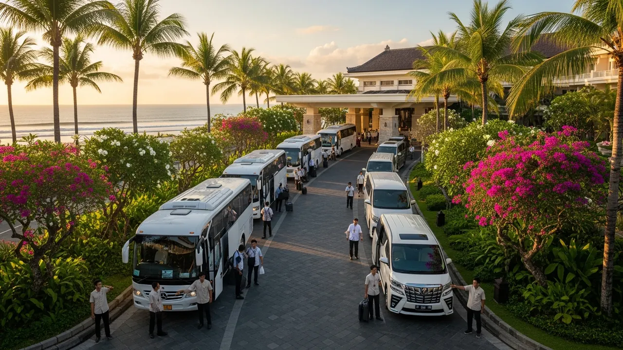 Bali MICE transport fleet, luxury resort entrance.