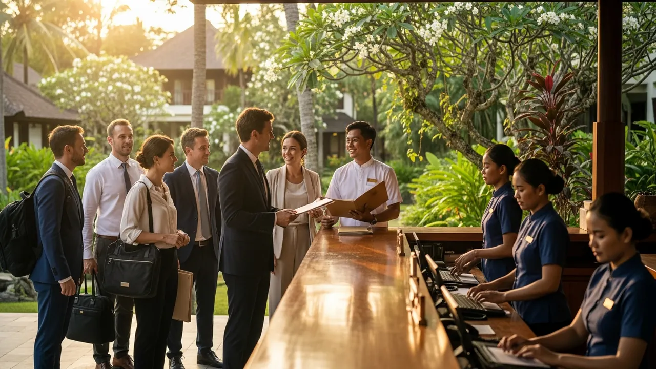 International delegates arriving at Bali resort, greeted by MICE planner.