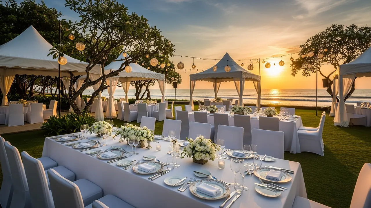 Nusa Dua corporate gala dinner setup, sunset