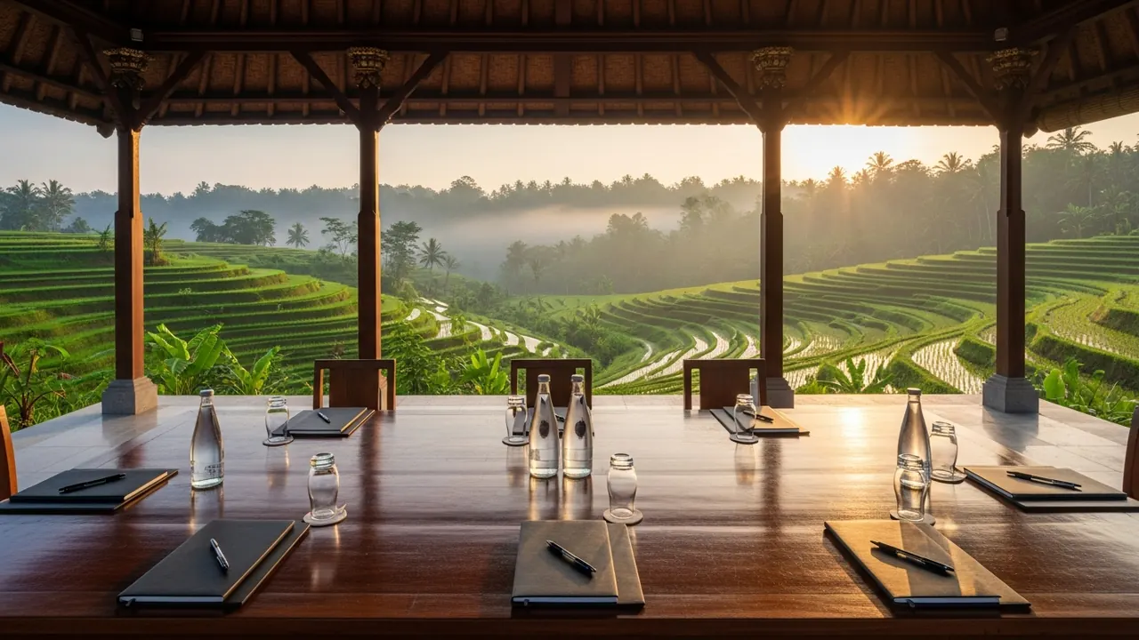 Ubud open-air pavilion for corporate retreat with rice paddies