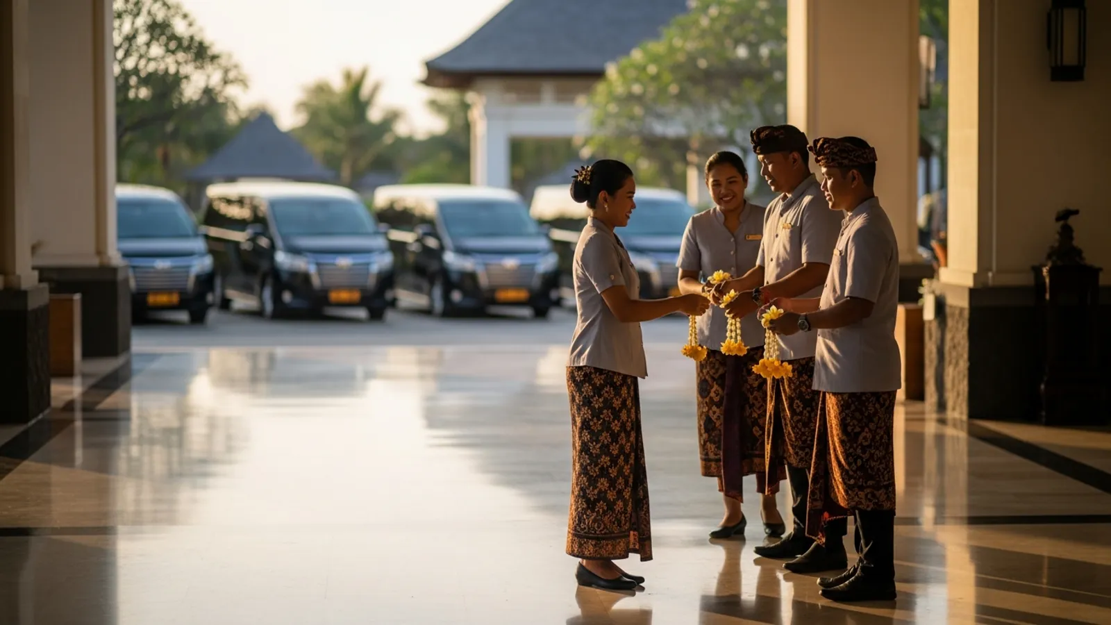 Bali DMC concierge team welcoming a corporate incentive group at a Nusa Dua resort