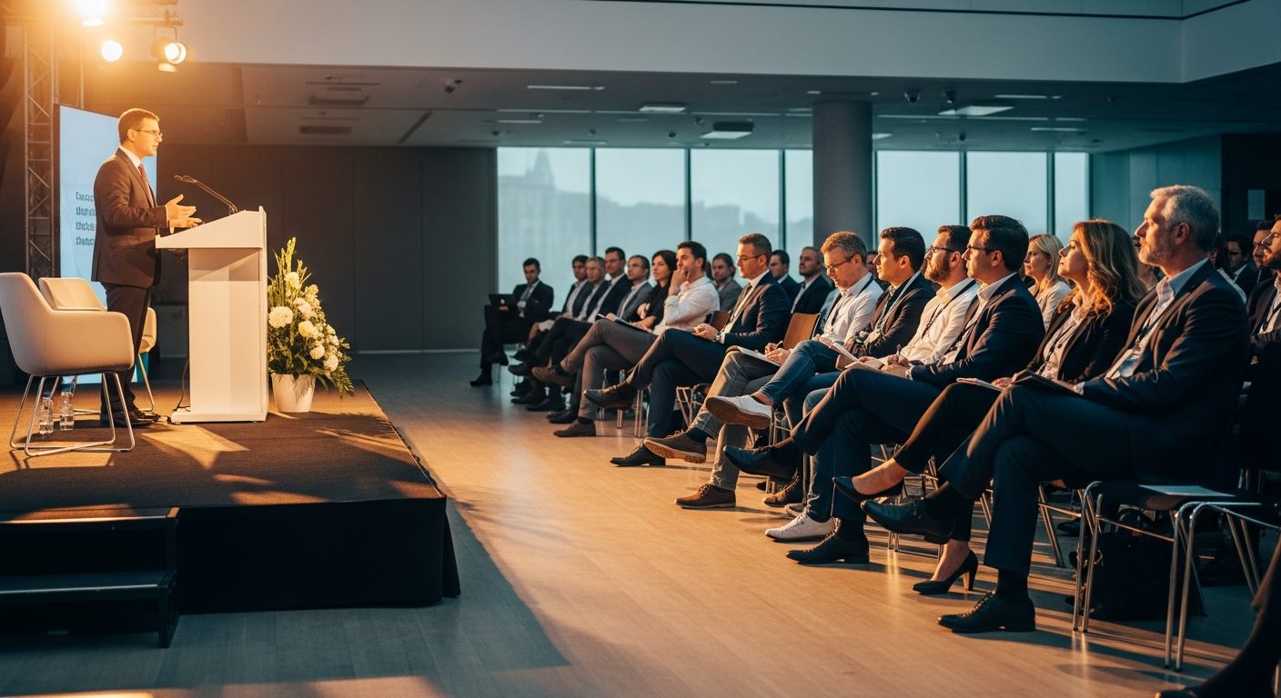 corporate event conference stage audience modern